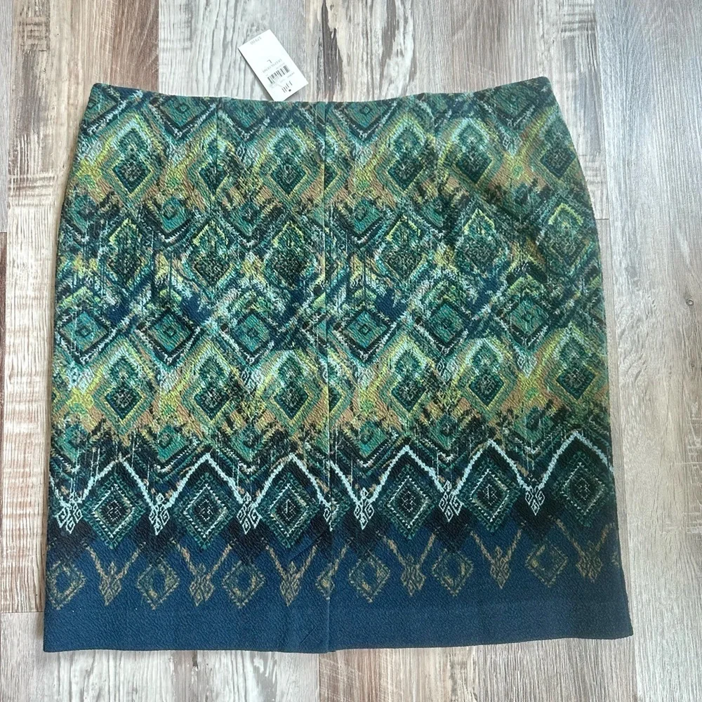 J. Jill NWT Pull On Knit Geometric Blue Green Pencil Skirt Stretchy Lined Sz L